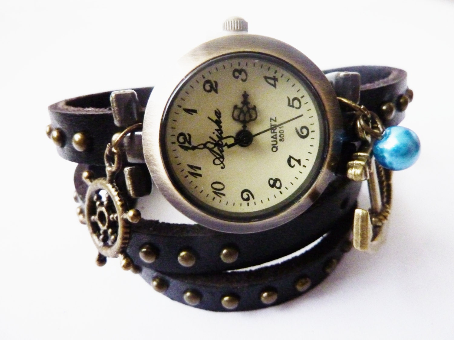 Heartbound - black real Leather working wrist watch,charm bracelet,Retro,genuine Leather,Anchor,nautical charms,Rockabilly jewelry