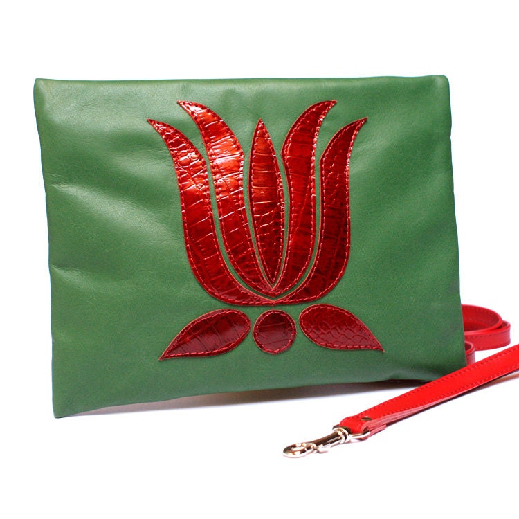 Elegant leather clutch bag, tulip folk motif leather wristlet, leather shoulder bag, leather handbag, leather purse, satchel messenger purse