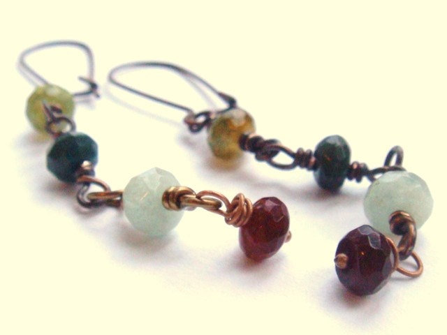 Dangle Beaded Earrings Blue Green Oxblood Red Agates Rustic Elegant Earrings