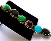 Big Vintage Metal Links 1960s Bracelet Colorful Cabochons in rich shades