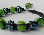 Adjustable Macramé Bracelet With Pea Green Wooden Rounds and Blue Resin Rhinestone Beads on Waxed Cotton Cord