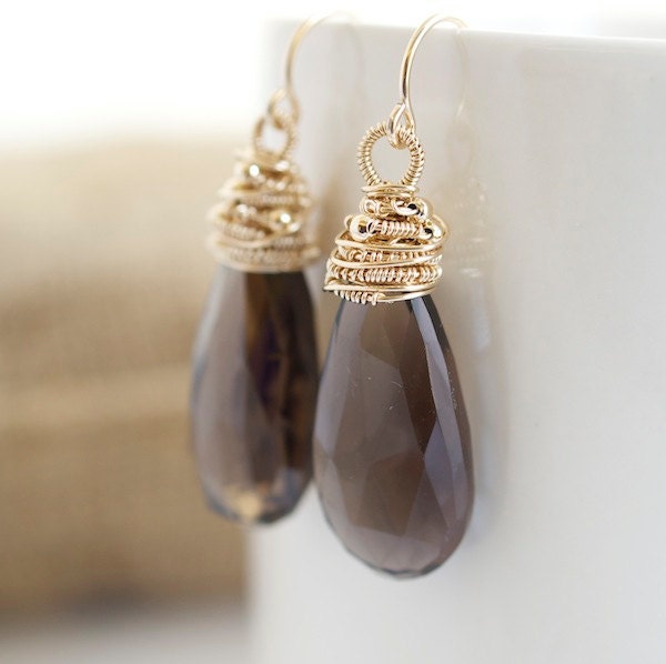 Smokey Quartz Dangle Earrings, Bridal Earrings, Wire Wrapped Earrings, Gold Earrings, Gemstone Earrings
