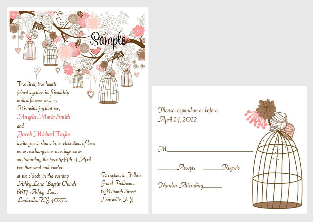 100 Personalized Custom Vintage Birdcage Floral Wedding Invitations Set