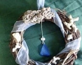 Baby Blue Spring Wreath with Coral, Driftwood, and Cobalt Beach Glass