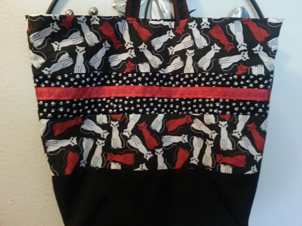 Red, Black & White Kitty Cat Fabric Tote Bag or Purse