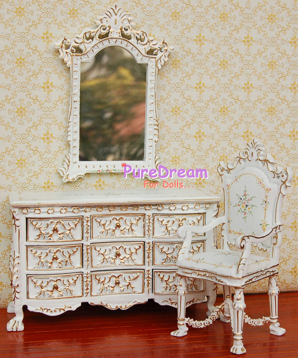 Dollhouse Miniature Victoria Furniture Bedroom Set Vanity Dresser Chair Mirror WB030