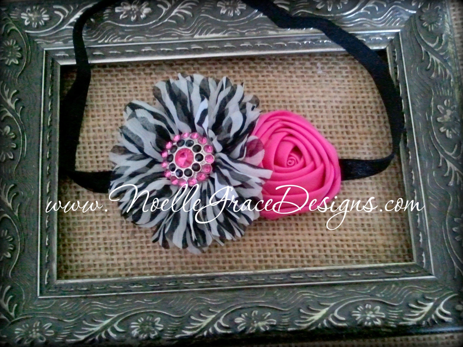 Zebra & Hot Pink Flower Headband - girl, toddler, babies, photography, photo, prop, newborn, hair, bows, accessories, baby