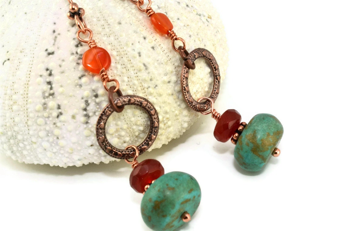 Turquoise And Orange Carnelian Long Copper Earrings, Rustic Earthy Boho Jewelry