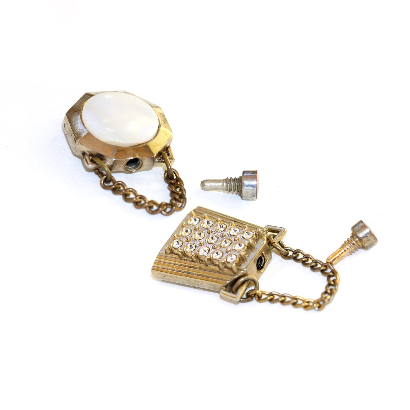 Two antique chatelaine perfume bottles, both goldtone - mother of pearl and rhinestone