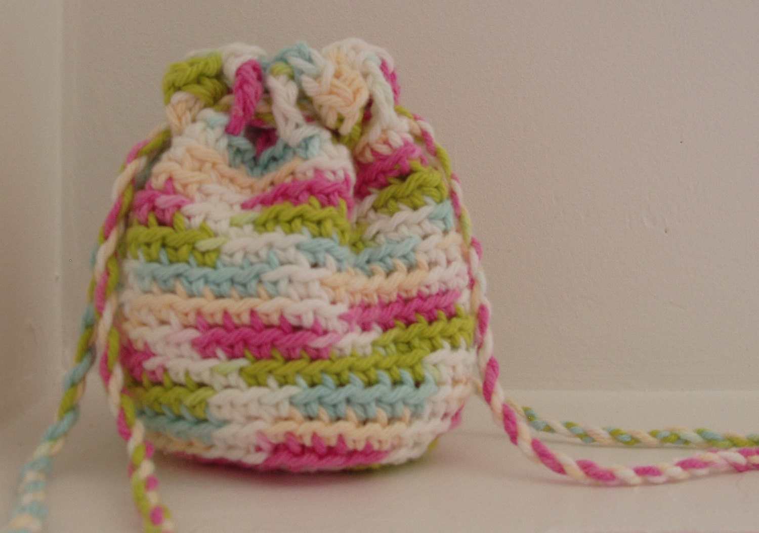 Summer Bloom, Crocheted Drawstring Bag, Pink, Spring, Summer, Drawstring, Cotton, Gift Idea, Bag, Purse, Pouch