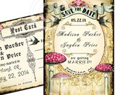 SAVE THE DATE - Postcards - vintage Post cards - woodland - mushrooms - birds - garden wedding invitations - custom Set of 50