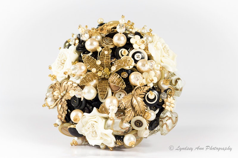 Ivory,Gold and Black Button and Brooch Bouquet