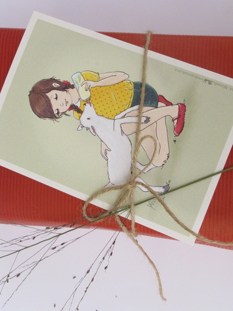 Greeting Card - Girl and Lamb by Micush - Country Life Series - 10.2cm X 14.8cm - Ecological Paper - Can Be Framed  as Wall Decor.