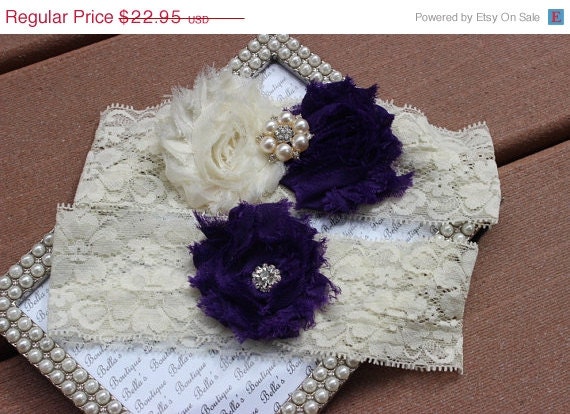 ON SALE FREE Ship Eggplant Purple Wedding Garter - Ivory Lace Garter-Bridal Garter and Toss Garter - Dark Purple Plum Garter