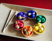 Rainbow Acorns & Tong set- A Waldorf and Montessori Inspired Wooden Counting, Sorting, Educational Toy
