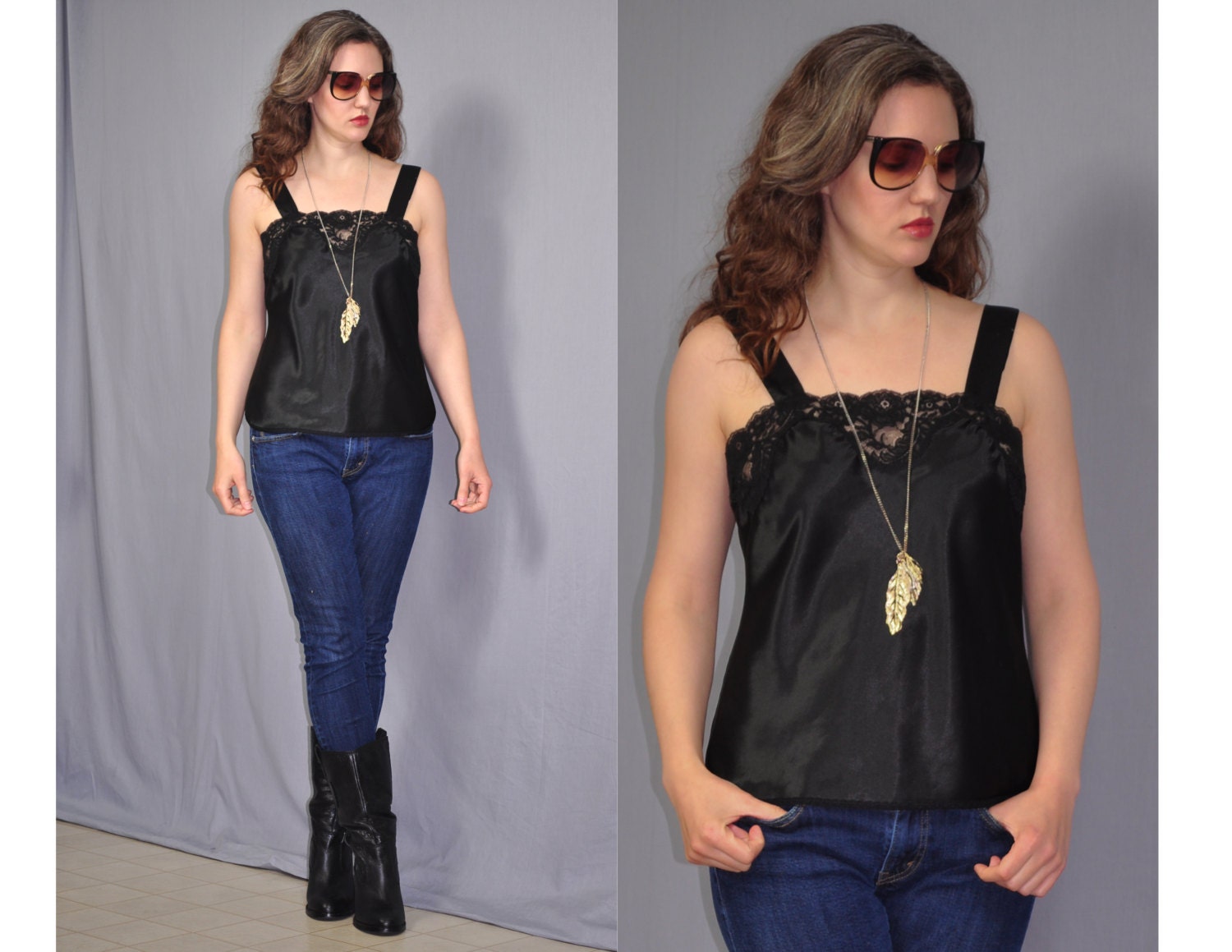 Vintage 1970s Shimmery Black Satin Charmeuse Camisole Shiny Black Lace Tank Top Lingerie