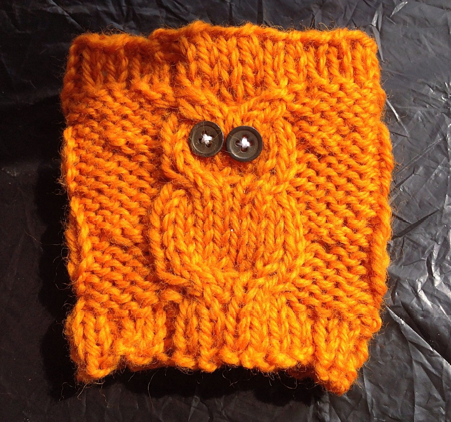 Orange Owl Cup Cozy: Reuseable, Hand Knit Sleeve for Coffee, Tea, Hot Beverages