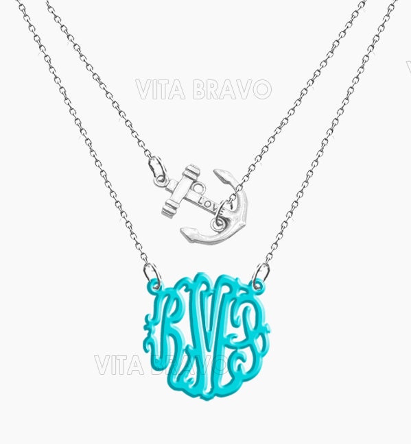 Monogram Necklace Anchor Hand Made Custom Turquoise Initials Personalized H Love Jewelry  Acrylic
