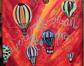 Colorful Red Painting of Hot Air Balloons with Travel Quote
