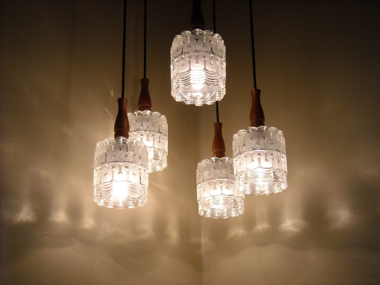 Mid Century Modern Glass Cascade 5 Light Chandelier Doria Style Teak Pendant Lamp Germany