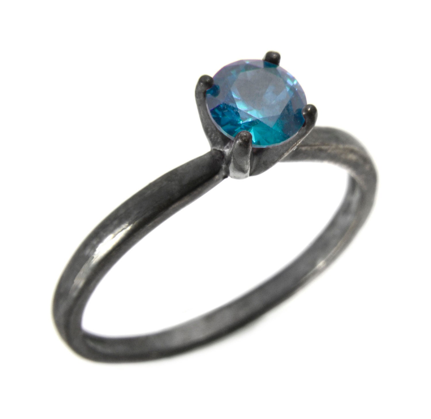 Blue Zircon RIng, Silver Solitaire Ring with Blue Zircon Gemstone, Oxidized Stacking Ring