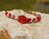 Coral and cream flowers hair band, Bridal hair band, Flowers hair band, Coral hair band