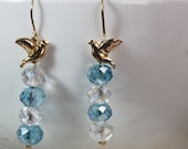 14K gold filled earrings with birds and crystals, Dangle crystals earrings, Beaded earrings