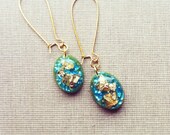 Blue Teal Olive Green and Gold Resin Earrings Boho Earrings Gold Foil Crashed Shell Resin Jewelry Romantic Earrings OOAK