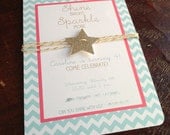 Chevron, glitter star and gold bakers twine soft aqua and strawberry pink gold birthday, shower invitation