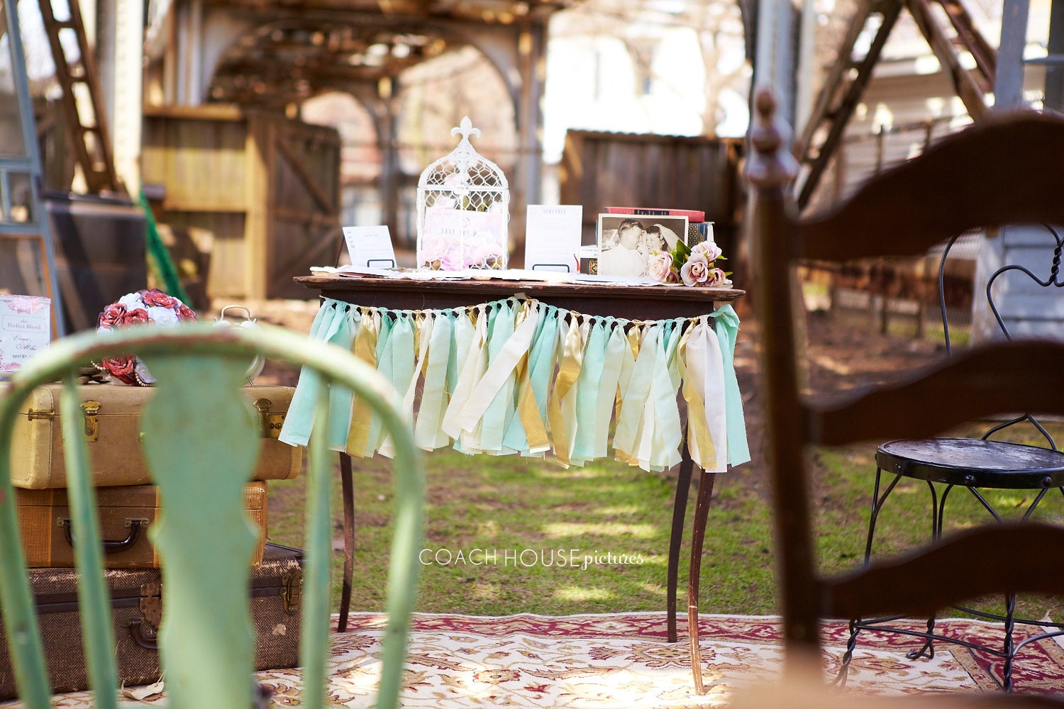 READY TO SHIP - Mint green seafoam and gold hand dyed Fabric "rag" garland - Wedding & Party decor, photo backdrop.