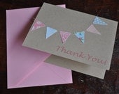 Handmade Bunting flags pennant garland stitched Thank you cards (set of 5) in kraft, pink and blue floral