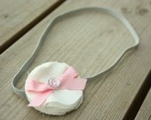 Simple, sweet, unique Handmade Flower Headband - Baby, Toddler, Girl, Teen Headband - White muslin flower with pink ribbon bow and jewel