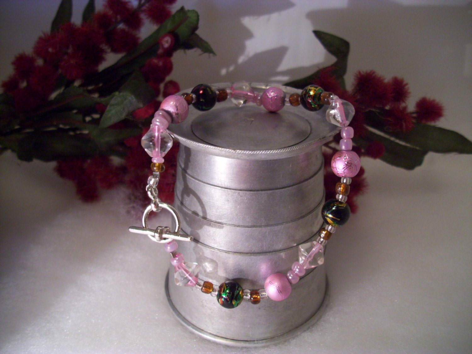 Handmade BRACELET PINK GLASS Beads/  Copper / Green / Clear Glass/ Silver Clasp/ size 7 1/2"