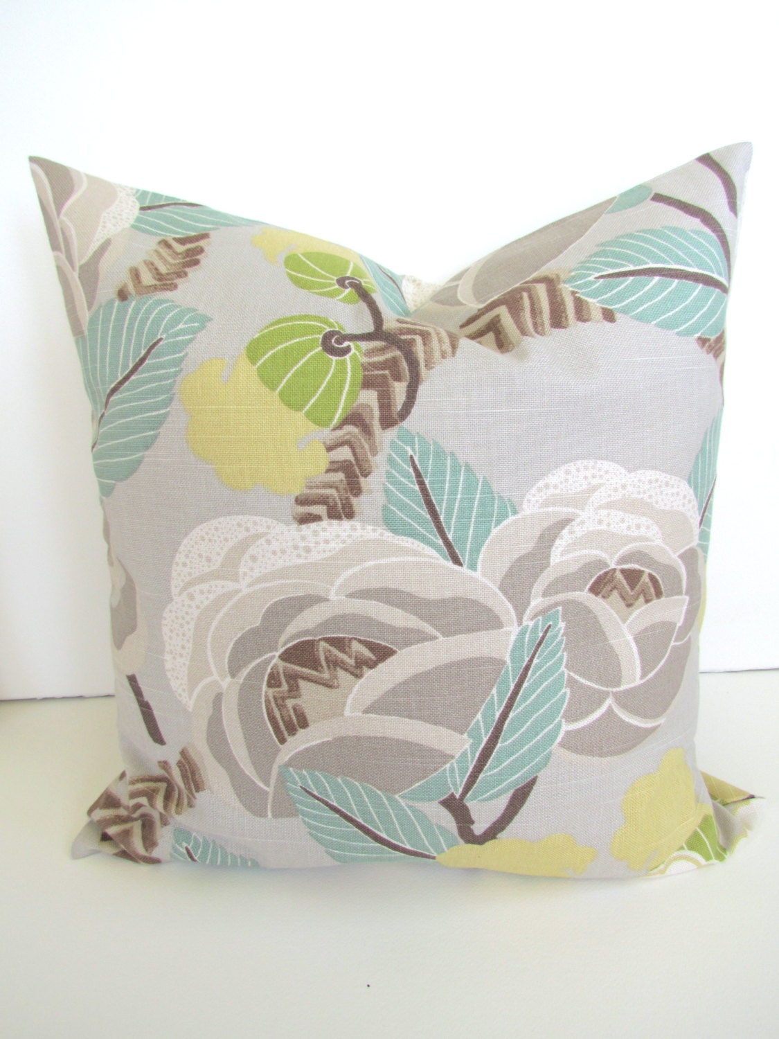 THROW PILLOW Cover 16x16 Aqua MINT Decorative Throw Pillows Grey 16 x 16 Tan Taupe gray pillows Floral Home and Living