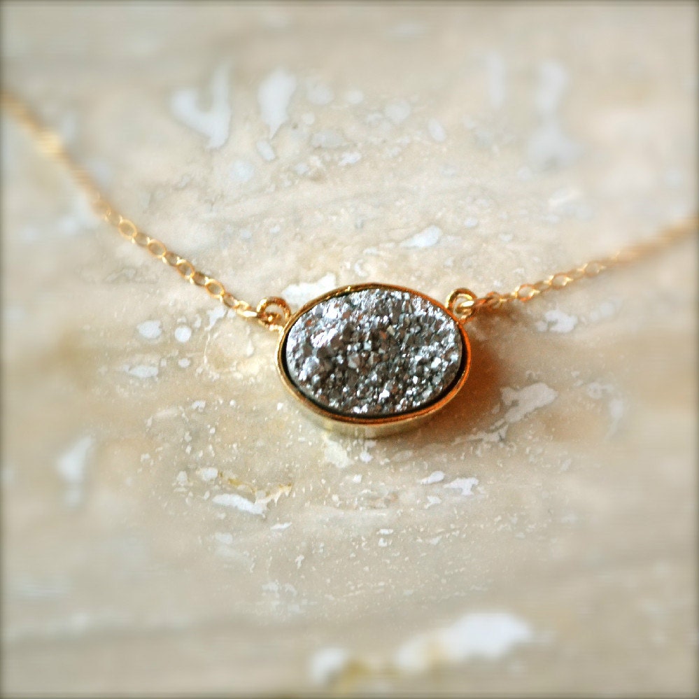 Simple Silver Oval Druzy Necklace on Gold Chain