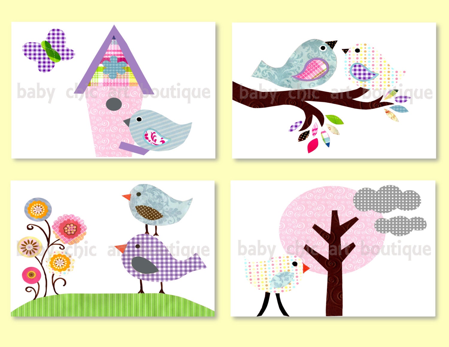 Nursery Bird Wall Art, 8x10 Art Print, Room Decor for Children or Kids with Birds, Birdhouse, Tree, Butterfly and Flowers