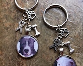 Pitbull Keychain With Animal Welfare Ribbon,  Paw Print, & Bone Charms Or Custom Order With Your Pet's Photo