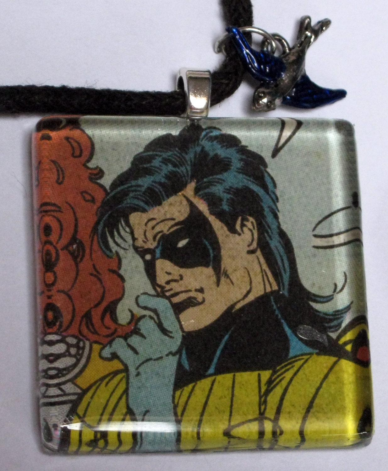 Nightwing Dick Grayson Robin Vintage Glass Resin Necklace with little bird