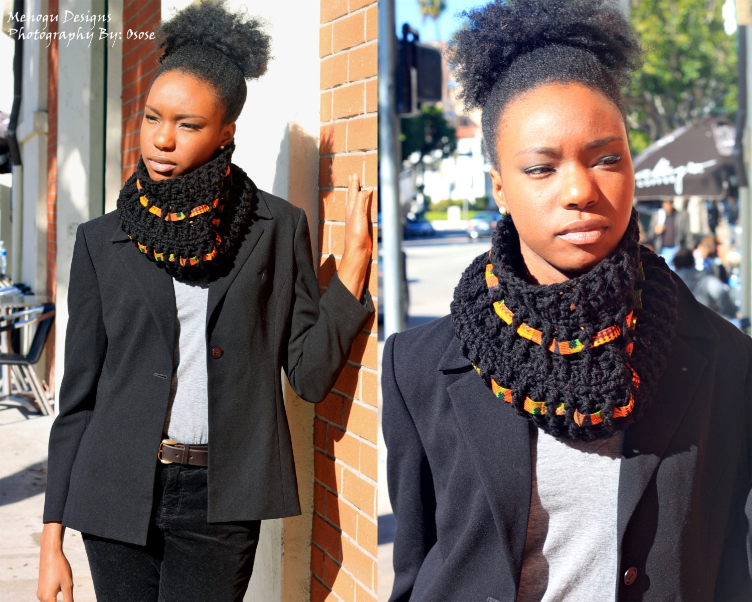 Black Crochet Kente Cowl Neck Scarf