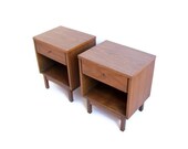 Vintage Side Tables Pair Set of Two Walnut Wood Veneer Nightstands Boxy Square Rectangle Mid Century Modern Matching Home Decor Furniture