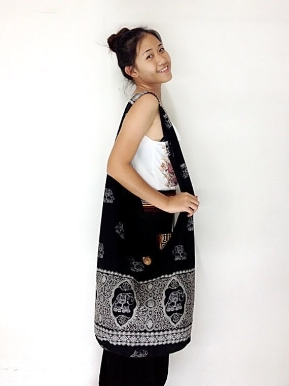 Handmade Elephant Cotton Bag Hippie Hobo bag Shoulder bag Sling bag Messenger Crossbody Purse -black-ready to ship-