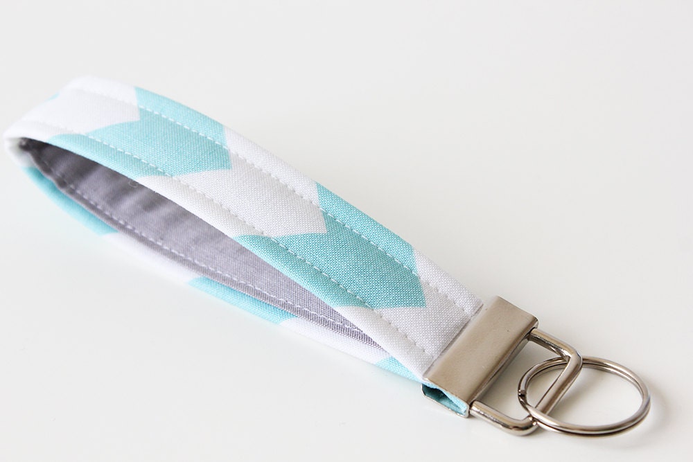 Fabric Key Fob, Key Chain, Key Holder, Key Strap - Chevron - Aqua Blue, White and Gray/Grey