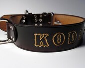 26" x  2" wide Dark Brown with GOLD Letters- Leather Dog Collar Brass ID Tag & Pet Name