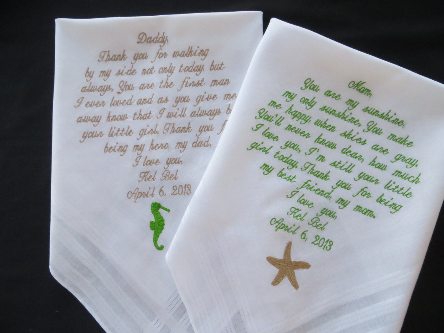 2 Free Gift Boxes. Set of Two Custom Embroidered Wedding Handkerchief. Personalized Keepsake Gift.