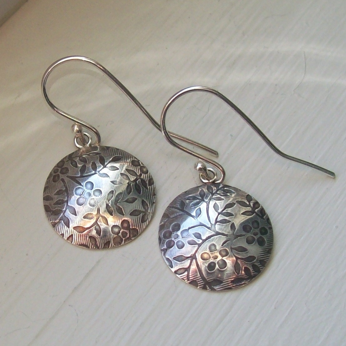 Handmade Floral Embossed Oxidized Sterling Silver Disk Dangle Earrings