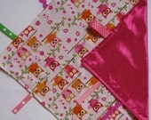 Baby Girl Owl Tag Blanket/Lovey/Tab Blanket/Satin/Pink and Green/Security Blanket/Sensory Blanket/Toy/Ribbon Blanket/Baby Blanket