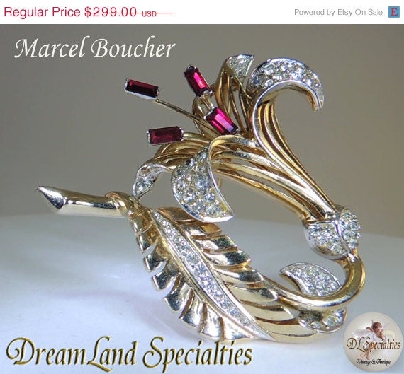 50% SALE Exquisite Marcel Boucher Ruby White Rhinestone Gold Lily Brooch Vintage Jewelry