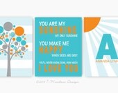 Children's Kids Wall Art You Are My Sunshine Personalized Monogram - (3) 8" x 10" Prints Teal Orange // Nursery // Bedrooom // Playroom