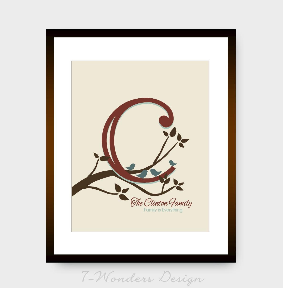 Personalized Family Prints, Tree Branch Birds Monogram Home Decor 8" x 10" // Tan, Grey, Burgundy, Dark Seafoam - You Choose Gift Guide