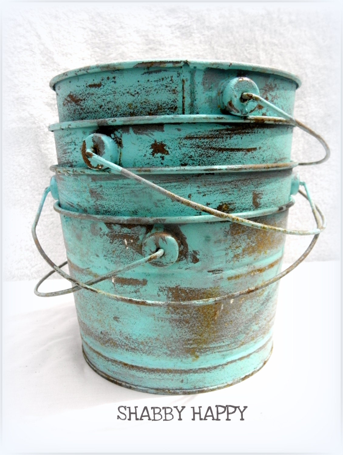 Seaside Shabby Rustic Rusted Metal buckets in Robin's Egg Blue